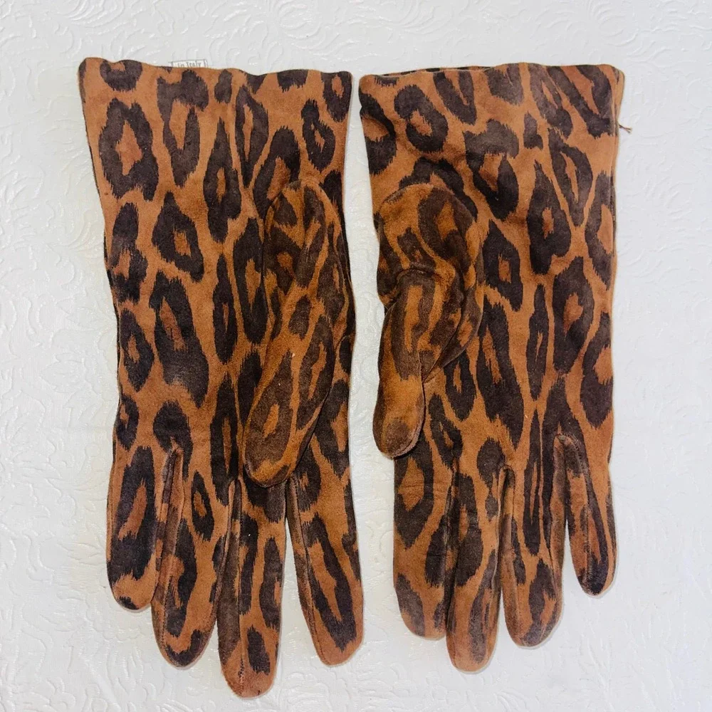 Vintage Italian Leopard Print Suede Genuine Leather Gloves 100% Wool Lined 8
